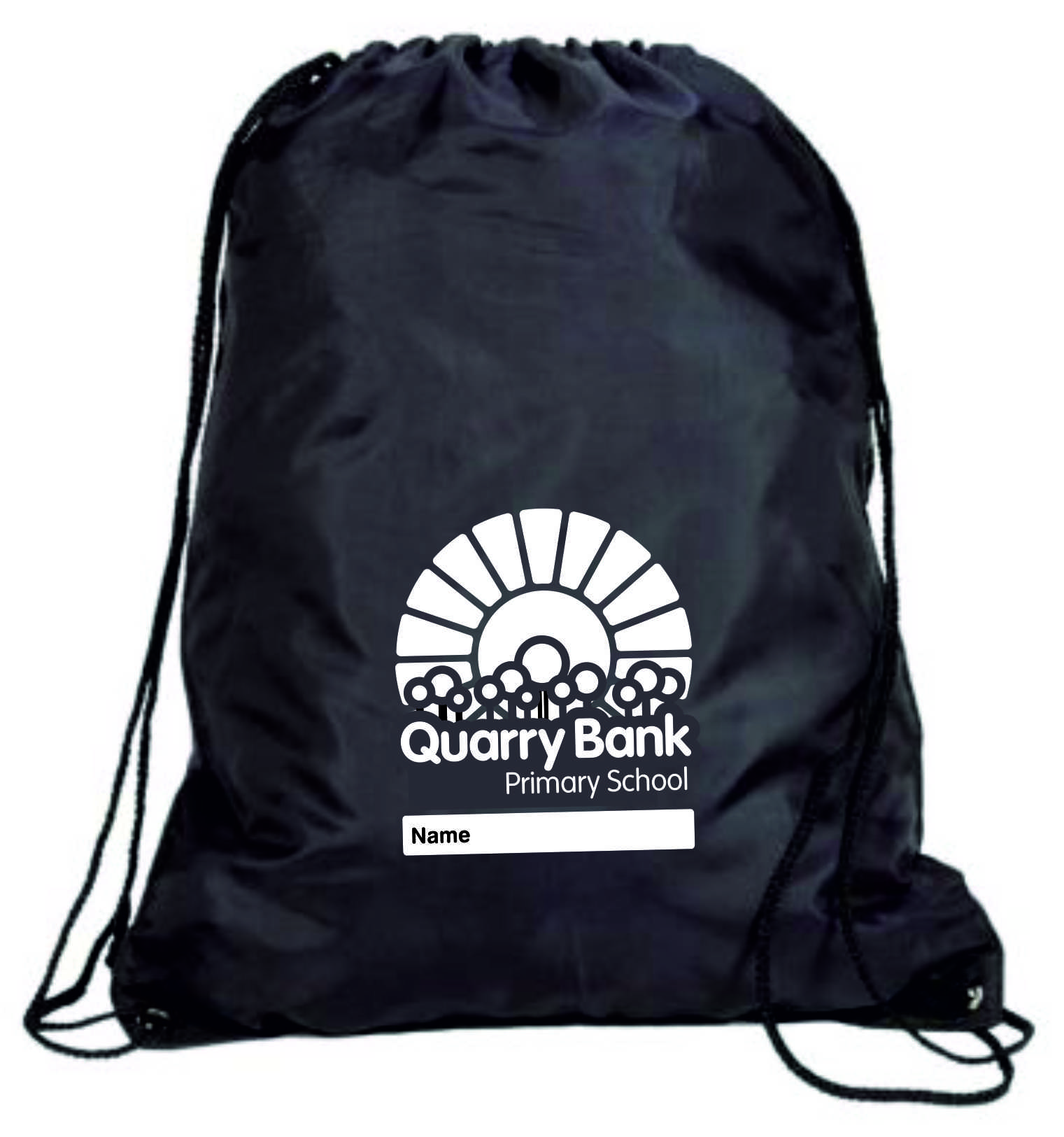 Black Drawstring PE Bag with School logo printed to one side, area for childs name included