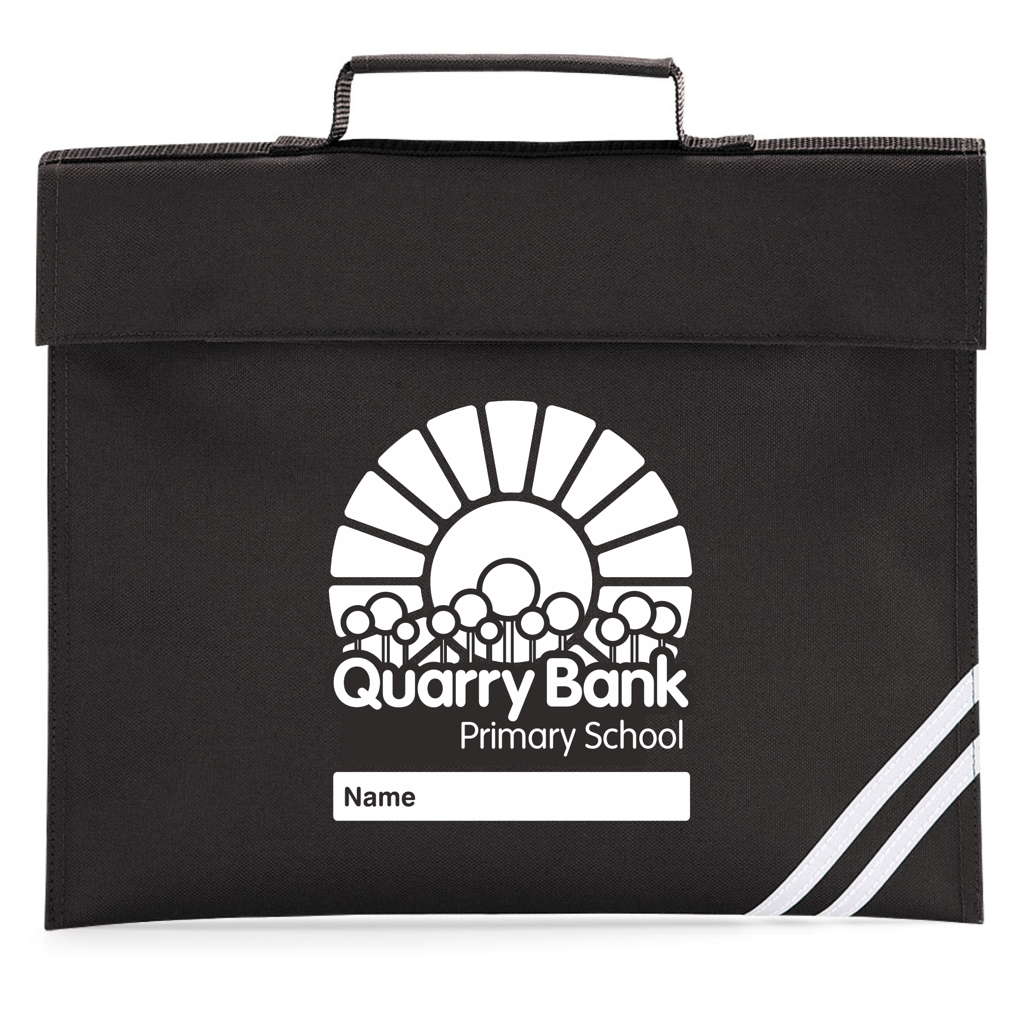 Black Book Bag with School logo printed to one side, area for childs name included