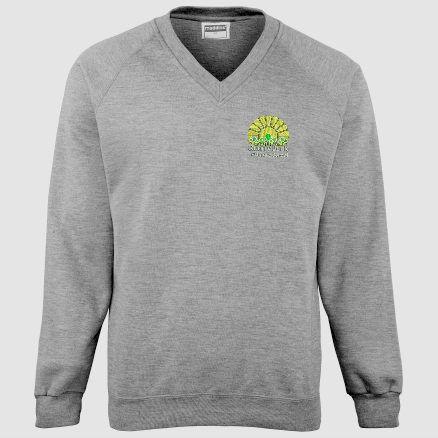 Grey Childs V neck sweatshirt, embroidered with School logo